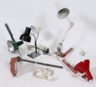 A collection of vintage anglepoise lamps to include red and green, white Herbert Terry style,