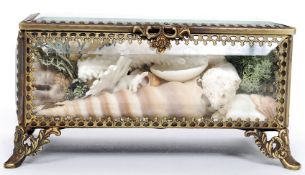A bevelled edge glass and brass ormulu mounted jewellery casket raised on shaped legs with hinged