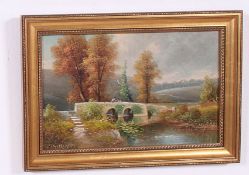 George Harris (1847-1915) An oil on panel painting  Wickham Bridge, River Frome,