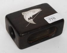 A Danish mid century silver and wooden matchbox holder of large form by Axel Salomonsen.
