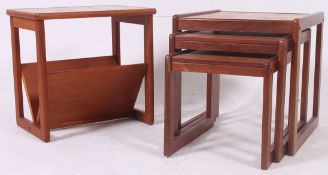 A retro 1970's tile top nest of tables together with a retro tile top magazine rack / canterbury