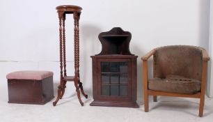 A collection of furniture to include fireside chair, torchere, vintage shoe shine box,