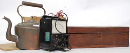 A Victorian writing slope ( A/F ) along with a vintage copper kettle and a vintage volt meter