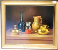 Andras Gombar (b.1946) Still life painting with unusual bottle, jug chamberstick, jar etc.