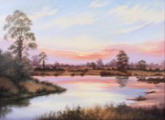 Mary Shaw (Contemporary British school) oil on canvas painting depicting a rural scene under a red