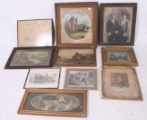 A large collection of pictures and prints being framed and glazed to include Hurstmonteax castle.