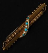 A 15ct Victorian bar brooch set with a seed pearl and turquoise swag. Marked 15ct 625.