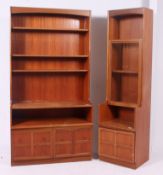 A Nathan open faced bookcase having cupboard beneath along with a near matching Nathan glazed unit.