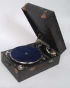 A black vinyl ebonised wooden cased portable front winding picnic gramophone by Columbia