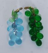 A pair of Murano art glass / studio glass grapes, blue and green frosted and clear grapes,