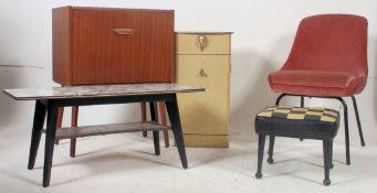A collection of retro furnishings to include stool, cabinet on legs, faux marble coffee table,
