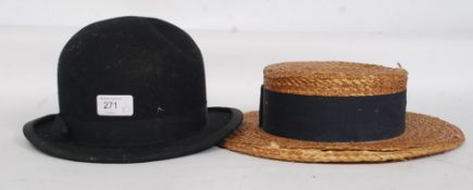 A vintage gentlemans bowler hat by Ceres ( New Comfortable ) together with a straw boater with