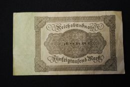 A rare  WW2 German Waffen SS - Berlin Reichsbanknote 50000 - Weimar Republic.