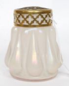 A Loetz style 20th century iridescent pear shaped vase having  a brass lattice work frog and