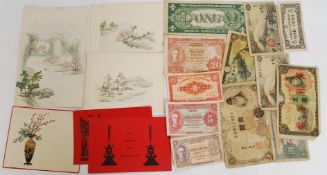 A collection of paper money and greeting