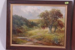 A pair of oak framed oil on boards of Ev