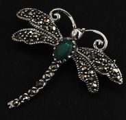 A silver and marcasite and jade dragon fly brooch. Total weight 3.