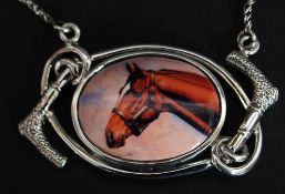 A silver necklace with enamel plaque pictorial image of a horse. Total weight 14.3g.