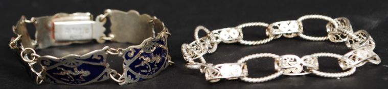 2 silver ladies bracelets, one with enamel pictorial fairy scenes,
