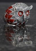 A silver marcasite and rubilite owl shaped ring. Total weight 18.