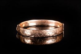 Rolled Gold 1/5 9ct Hinged Bangle The Front With Engraved Scroll Decoration Fully Marked, Weight