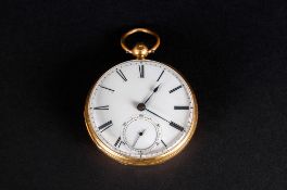 Antique 18ct Gold - Key Wind Open Faced Pocket Watch with White Porcelain Dial and Black Numerals.