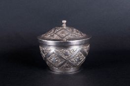 Antique Silver Lidded Jar with Engraved Decoration to Cover and Body. c.1900. Not Marked but Tests