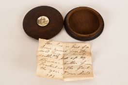 William IV Circular Wooden Snuff Box. Inset with Ivory Roundel of Lancaster Castle. c.1835. Together