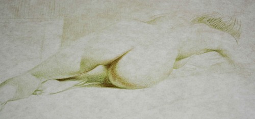 Frank Bellamy, Life Study female nude, signed in the margin, crayon drawing, 16 x 24cms, (torn).