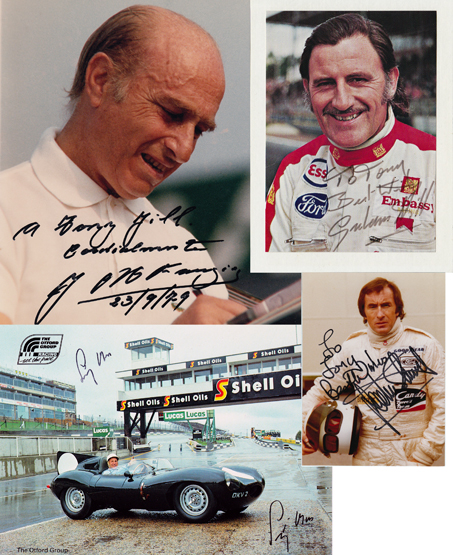 Juan Manuel Fangio, Stirling Moss, Graham Hill & Jackie Stewart signed photographs, comprising a