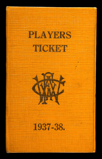 Gordon Clayton's Wolverhampton Wanderers player's ticket season 1937-38, booklet with old gold cloth