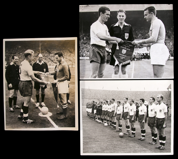 Three original 8 by 10in. b&w press photographs featuring England matches at Wembley, two v USSR