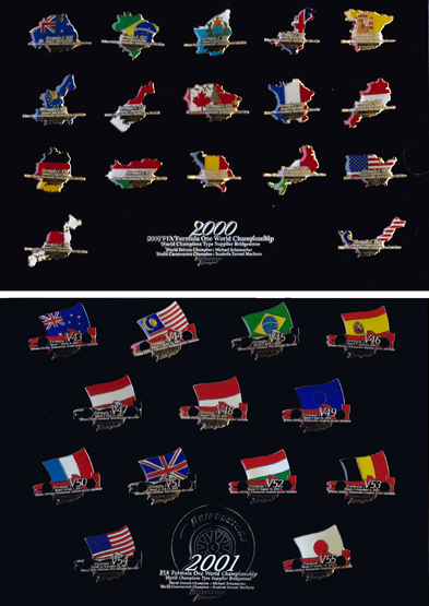 Bridgestone 2000 and 2001 F1 Grand Prix Winners lapel badge collection, the 2000 set comprised of 17
