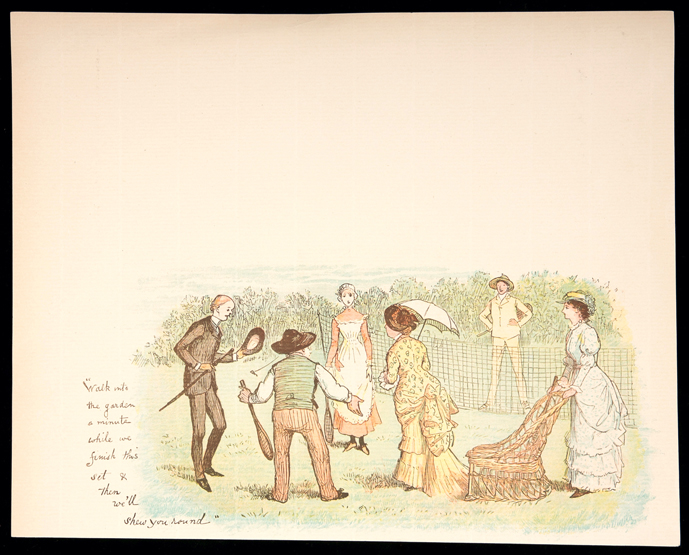 A late 19th century English tea room menu with a colour tennis print, titled ''Walk into the