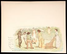 A late 19th century English tea room menu with a colour tennis print, titled ''Walk into the