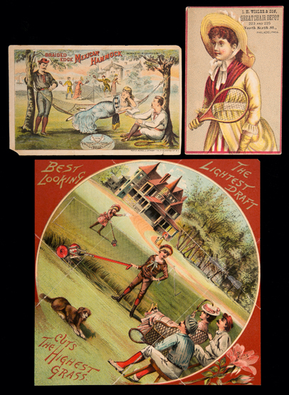 Three 19th century American advertisements for lawn mowers and featuring lawn tennis, i) fold out