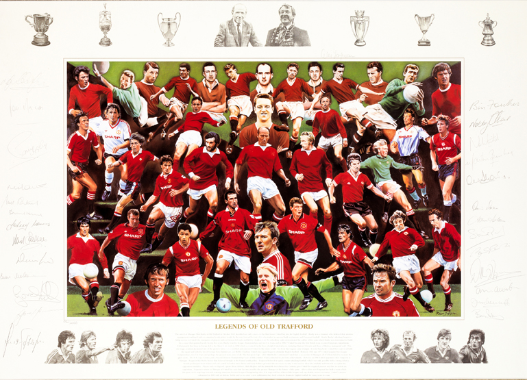 A multi-signed ''Legends of Old Trafford'' print, by the artist Robert Highton, limited edition,