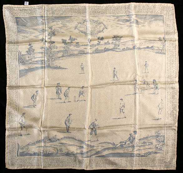 A vintage Liberty ladies silk square scarf ''The Laws of The Game of Cricket'', blue printing on