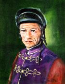 J. Withey (contemporary) PORTRAIT OF LESTER PIGGOTT IN THE ROYAL COLOURS signed, oil on canvas,