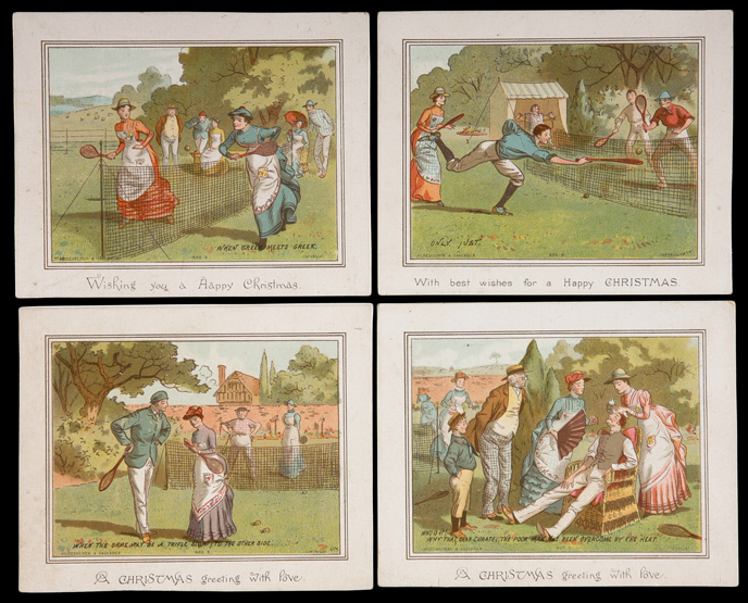 A set of four rare Christmas cards with charming colour lithographic tennis scenes and greetings, by