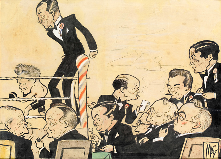 An original colour artwork for a MAC cartoon portraying gentlemen enjoying an evening's boxing at