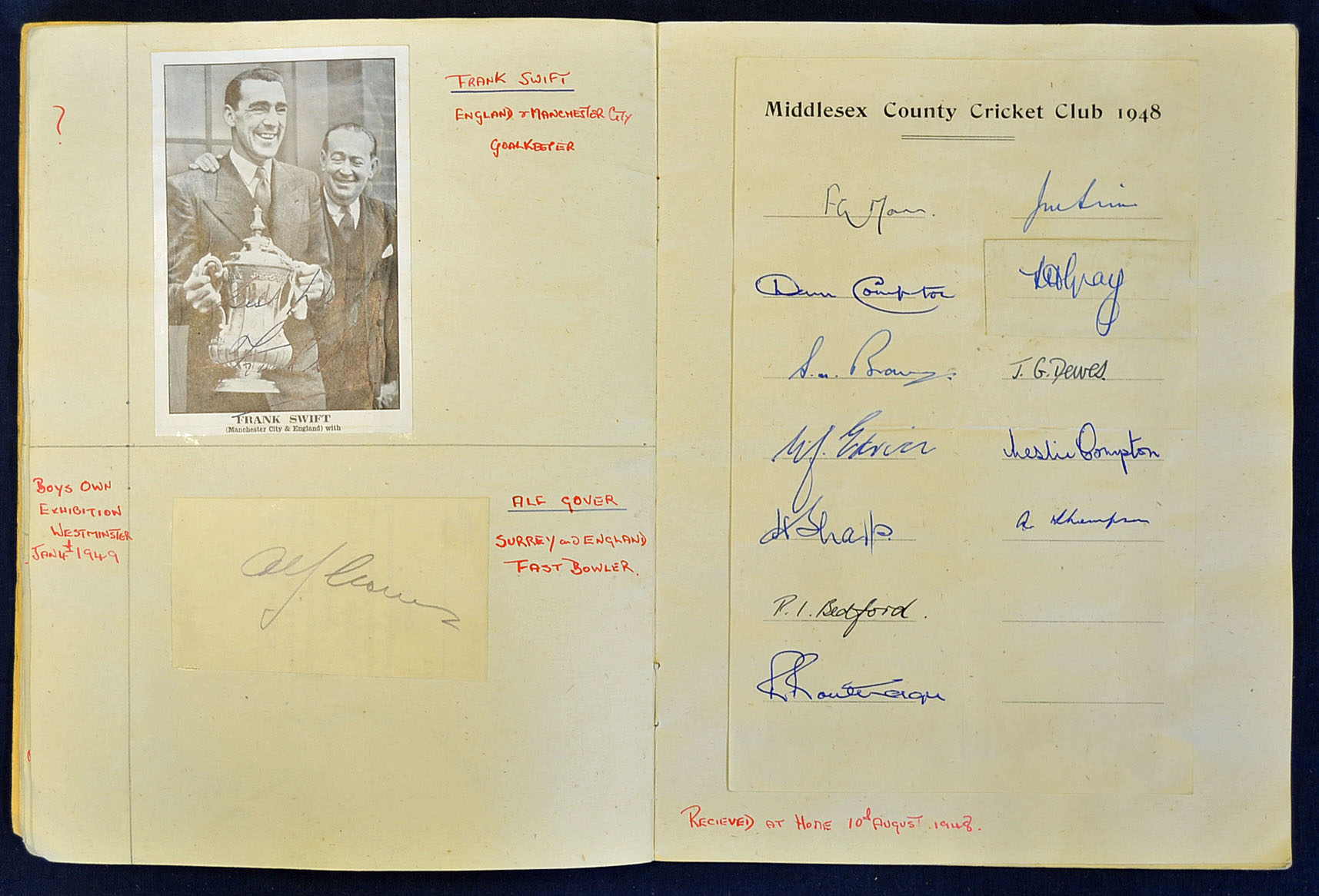 Very interesting Scrapbook of autographs relating to cricket football and rugby^ majority are