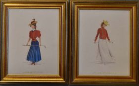 Maud Stranger - pair of original ladies golfing watercolours titled 