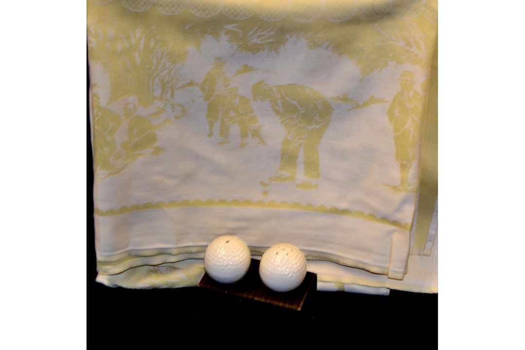 Vintage golfing embroidered linen tablecloth and cruet - featuring golfers^ caddies^ golf balls