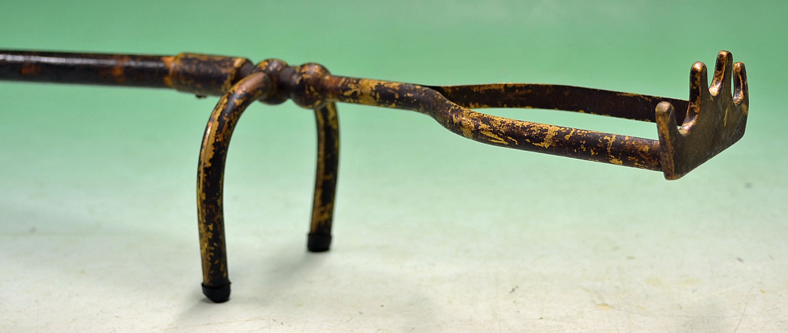 Vintage brass snooker spider rest the brass head screwed to the piece of wood^ some elbow grease
