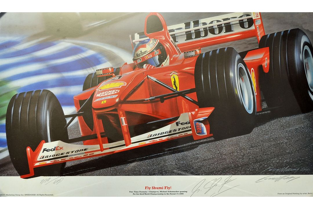 Signed 2000 Michael Schumacher F1 colour print titled'Fly Schumi Fly!' signed by Michael