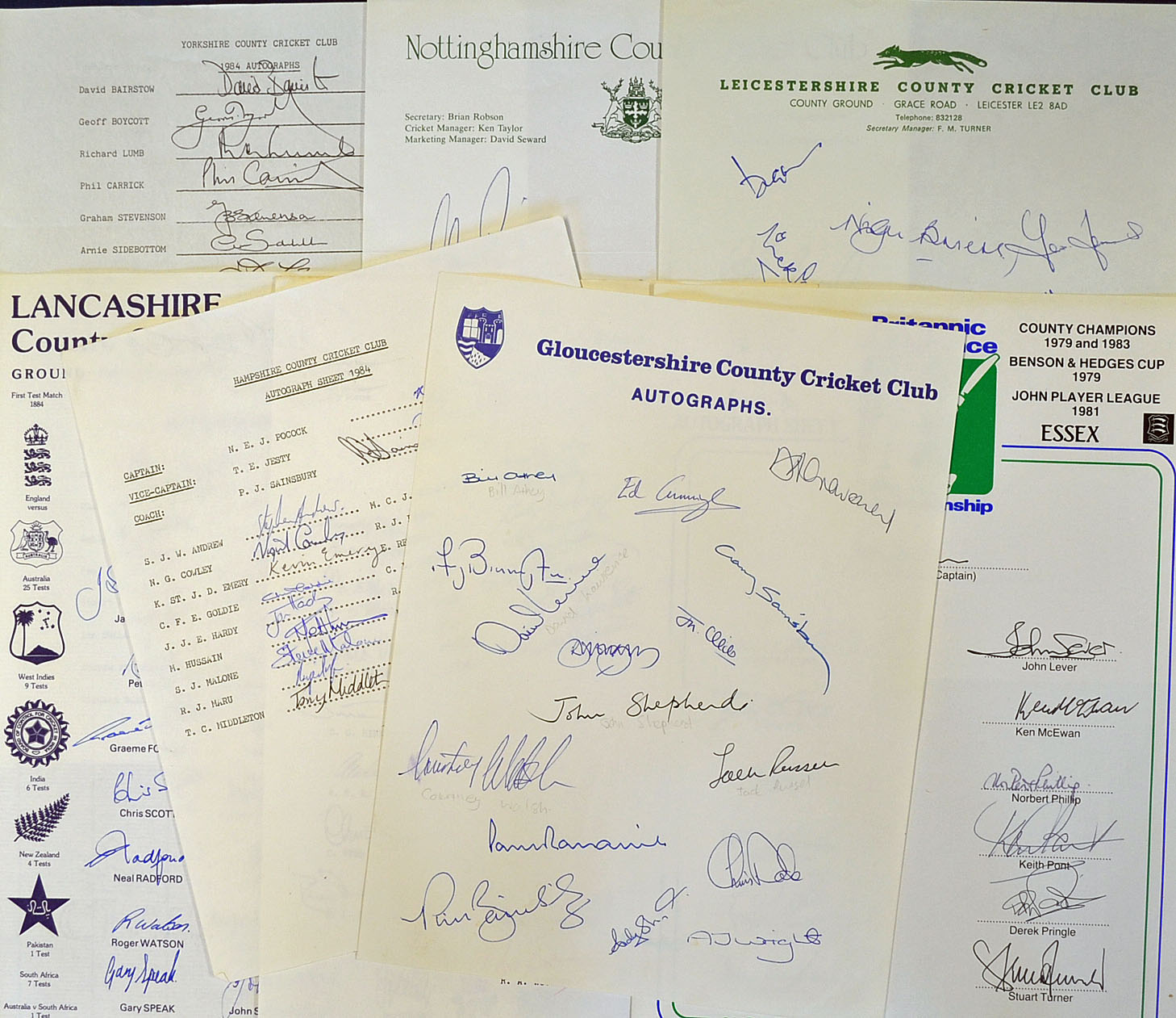 Selection of 1980s signed England cricket county team sheets to include 1981 Essex^ Gloucestershire^