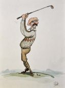 P Hobbs signed golf sketch comprising original pen and ink with water colour of an amusing golfing
