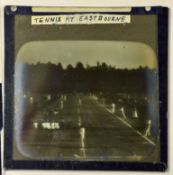 Very rare tint type photograph on metal depicting early tennis players in team clothing together