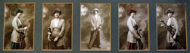 Set of 5 lady golfer hand painted real photograph postcards c1915 -   all studio photographs of